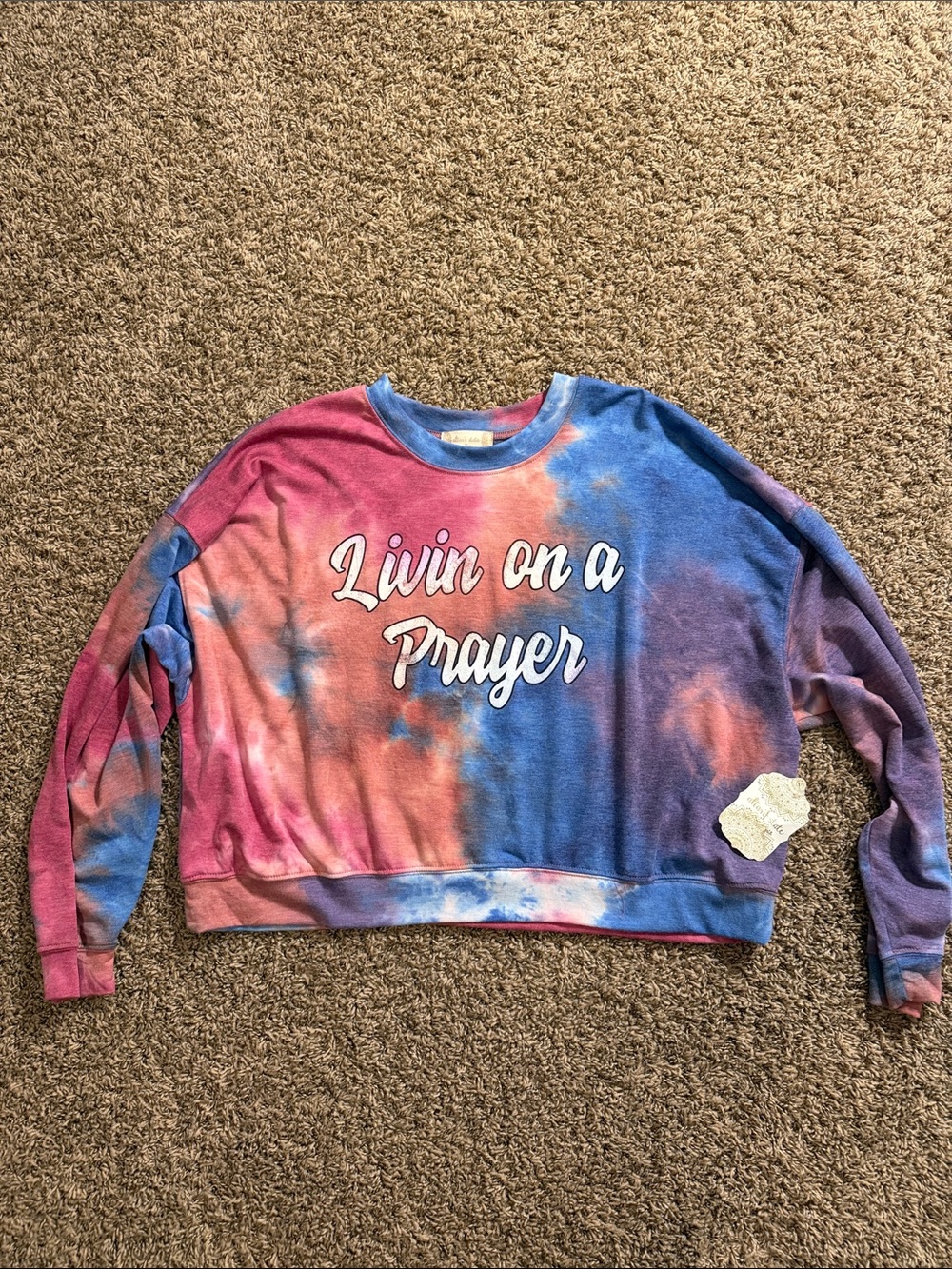 Altar'd State Pink & Blue Tie-Dye 'Livin on a Prayer' Sweatshirt